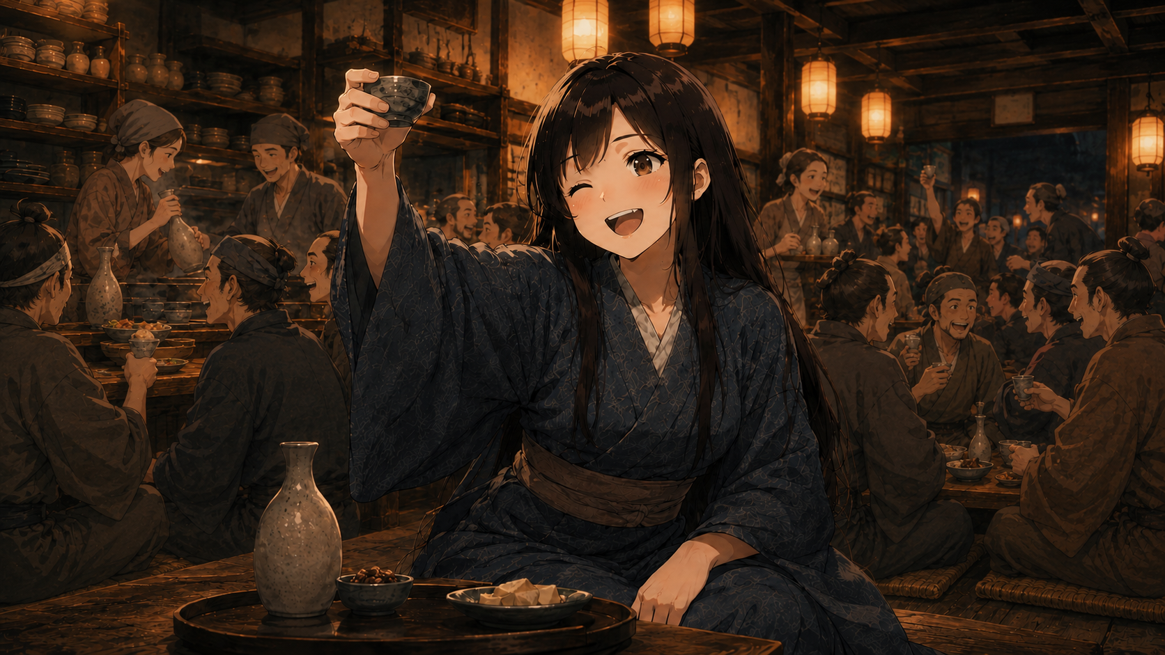 酒場で盃を掲げて酒を飲む落語「子別れ」の熊五郎