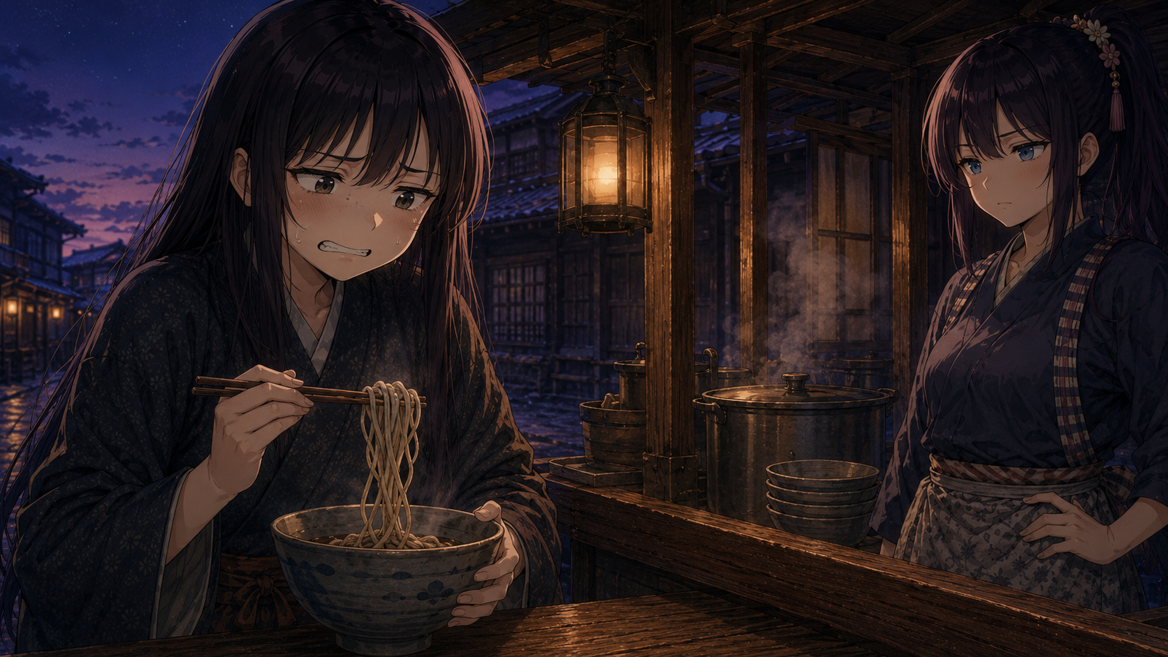 落語「時そば」で褒めにくいそばを前に困惑しながら麺を持ち上げる二人目の男
