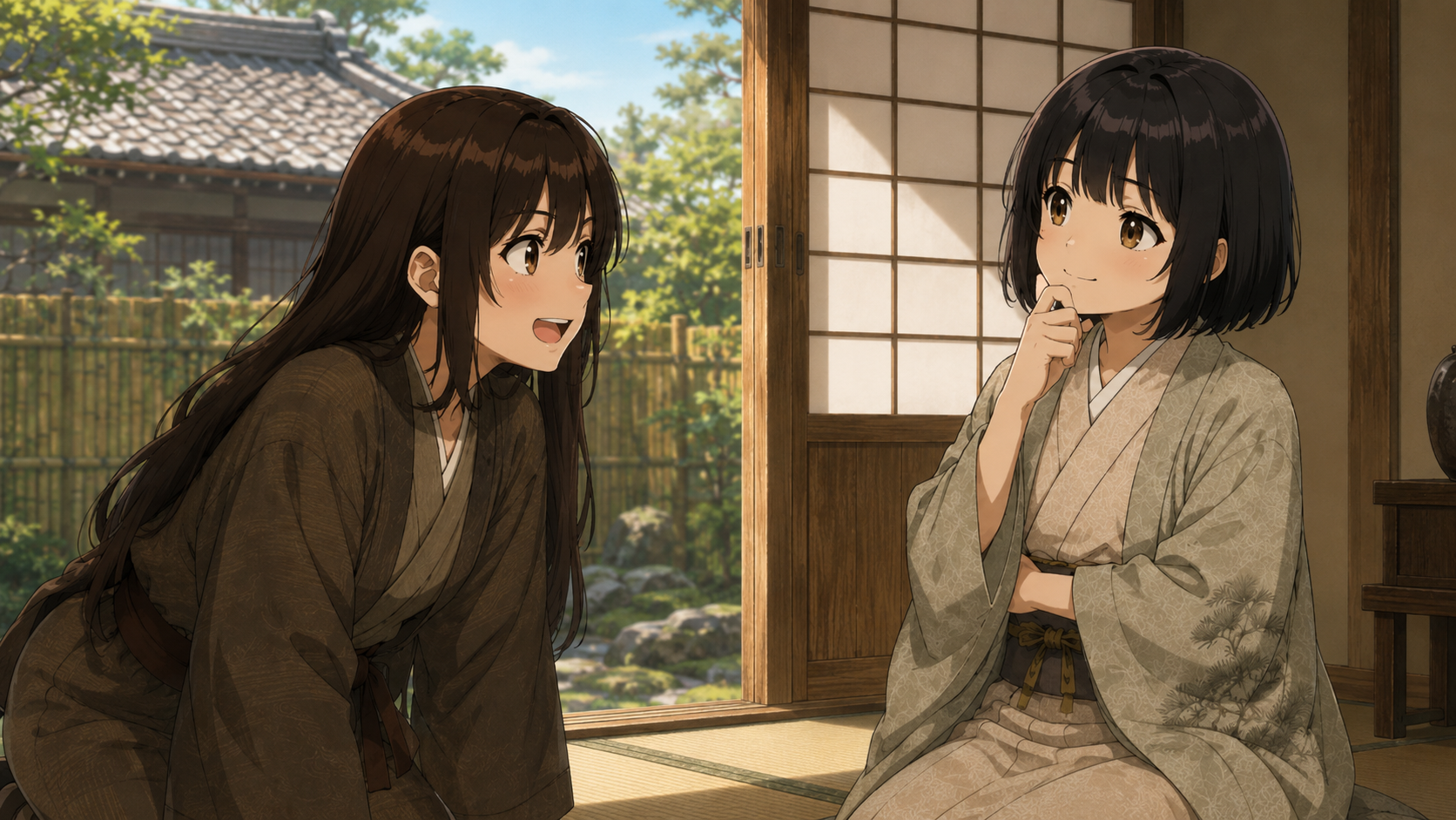 落語「子ほめ」で、ただ酒の方法を尋ねる八五郎に、隠居がお世辞の使い方を教える場面