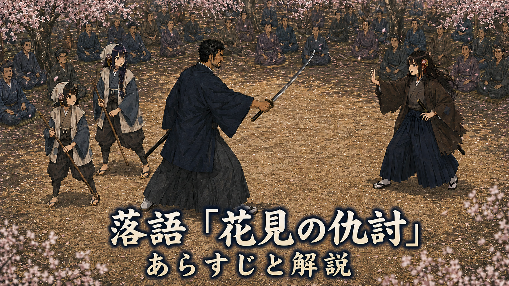 桜咲く花見会場で、侍が浪人役へ刀を向け、巡礼兄弟役と大勢の見物人が見守る仇討ちの場面。
