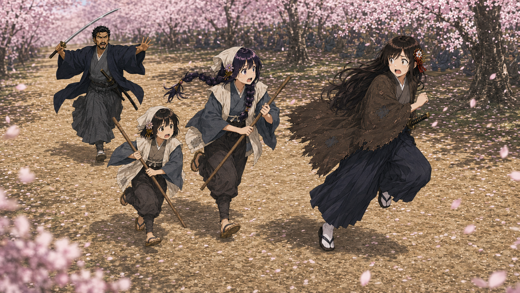 桜吹雪の花見会場で、刀を抜いた侍から逃げる浪人役と巡礼兄弟役の三人。