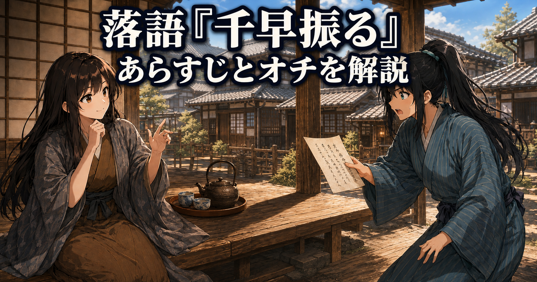 落語「千早振る」で、百人一首を手にした男へご隠居が力士・竜田川と千早太夫の物語を説明する場面