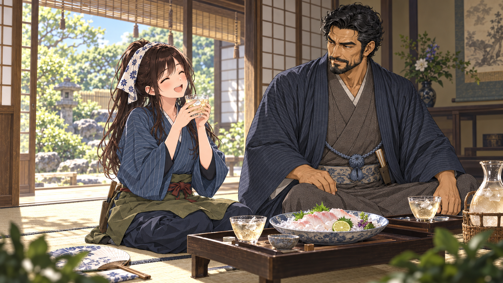 落語「青菜」で、植木屋が柳蔭と鯉の洗いを振る舞われる場面