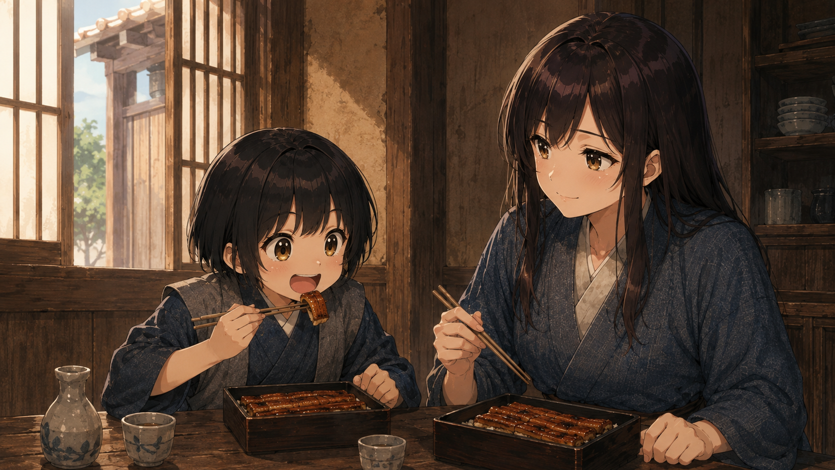 うなぎを食べる亀吉を優しく見守る落語「子別れ」の熊五郎