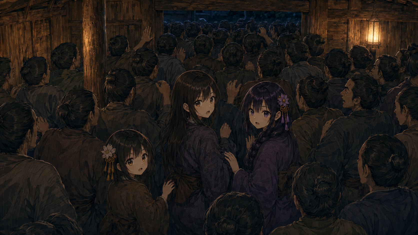 見世物小屋の狭い木戸に押し寄せる見物人と、驚いて振り返る小春・夕凪・月乃