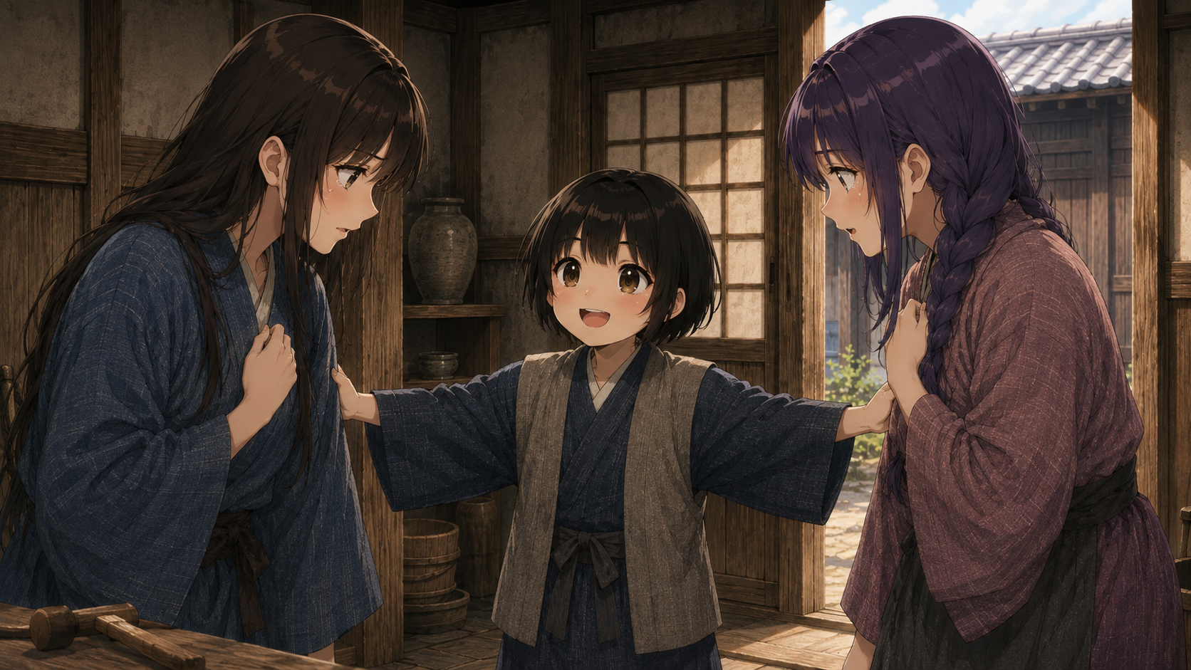 亀吉を挟んで向き合う落語「子別れ」の熊五郎と妻