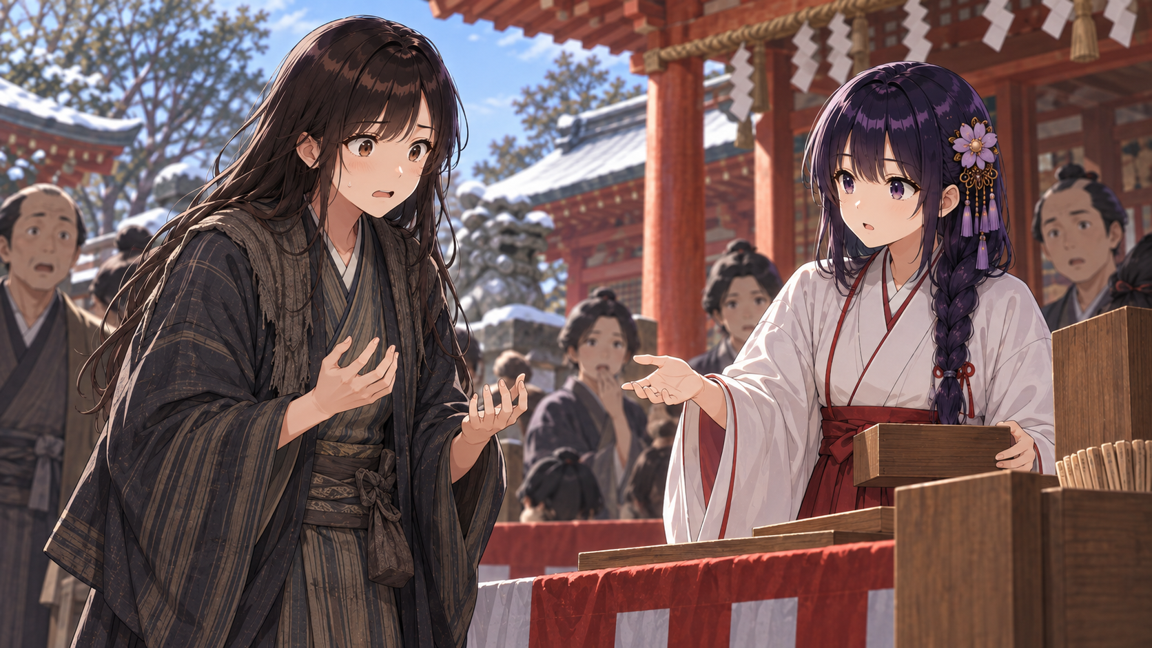 雪の残る八幡様で、富くじの当たり札を持たず困惑する久蔵と係