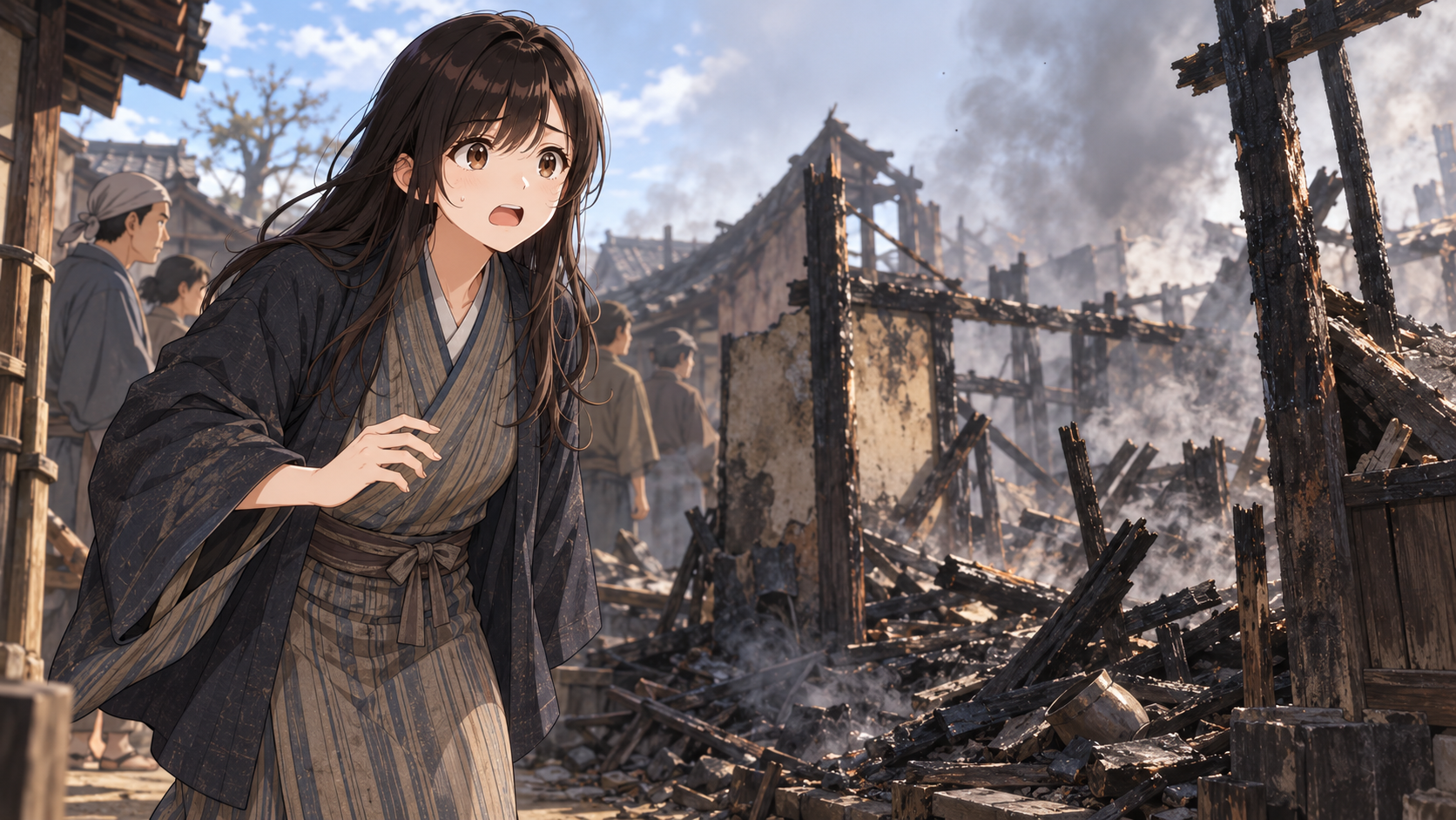 火事で焼け落ちた長屋の前で、呆然と焼け跡を見つめる久蔵