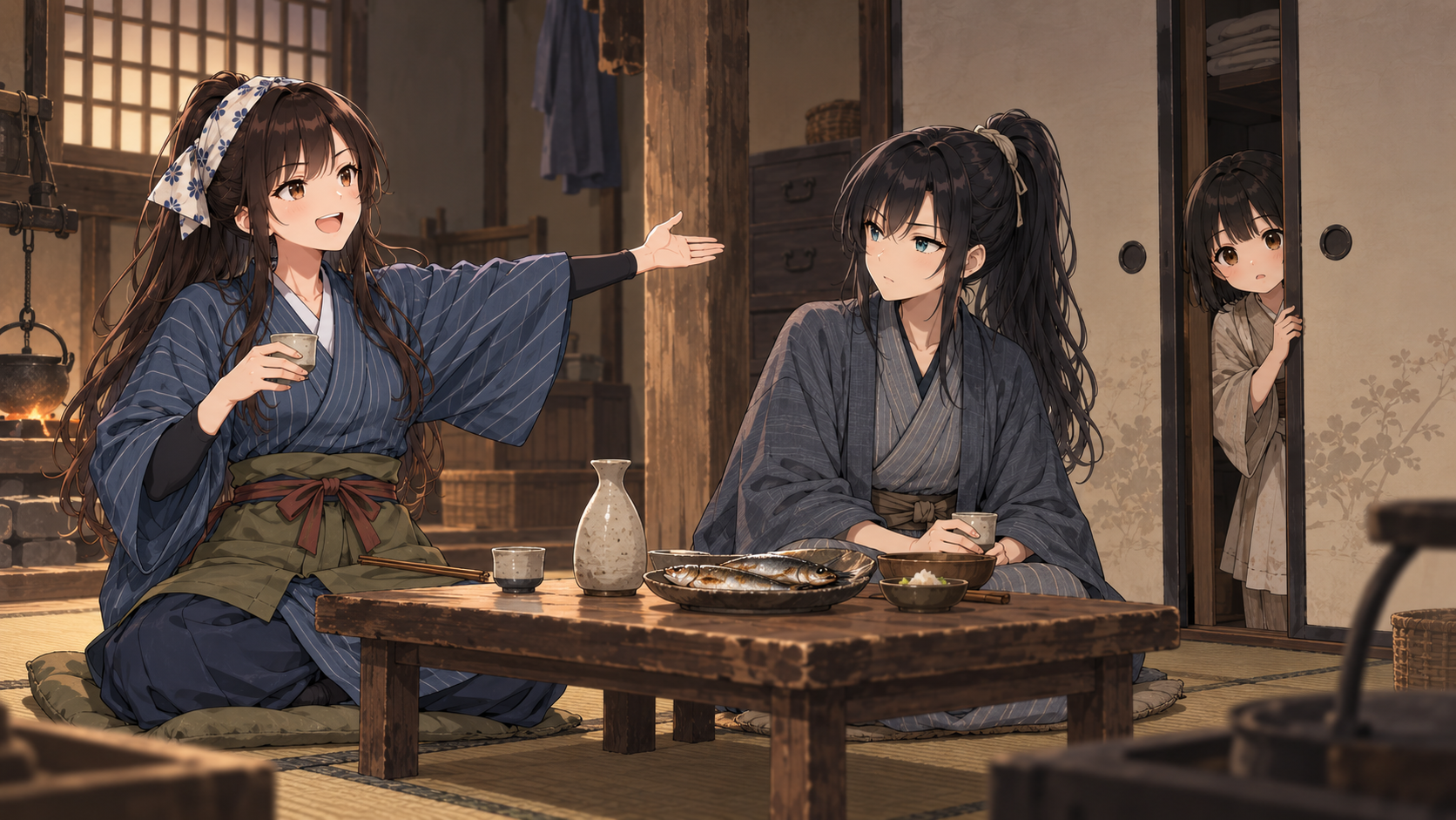 落語「青菜」で、植木屋が友人をもてなし、女房が押し入れから顔を出す場面