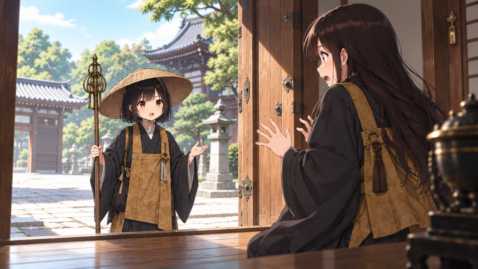 旅の僧・托善が寺を訪れ、和尚に扮した八五郎が驚いて迎える「こんにゃく問答」の一場面