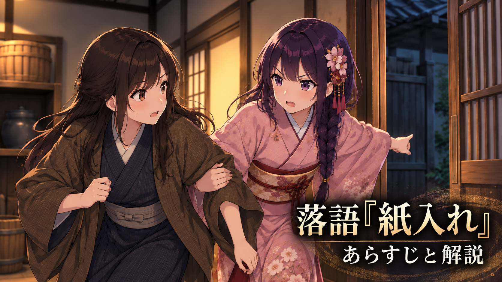 裏口から逃げようとする新吉を急かすおかみさん