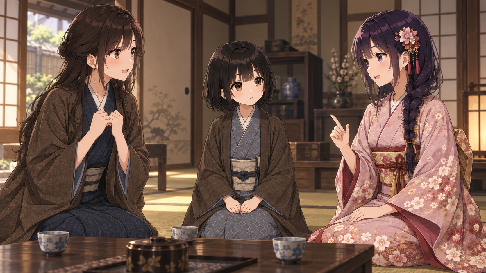 商家の座敷で、紙入れは心配ないと新吉に話すおかみさんと旦那