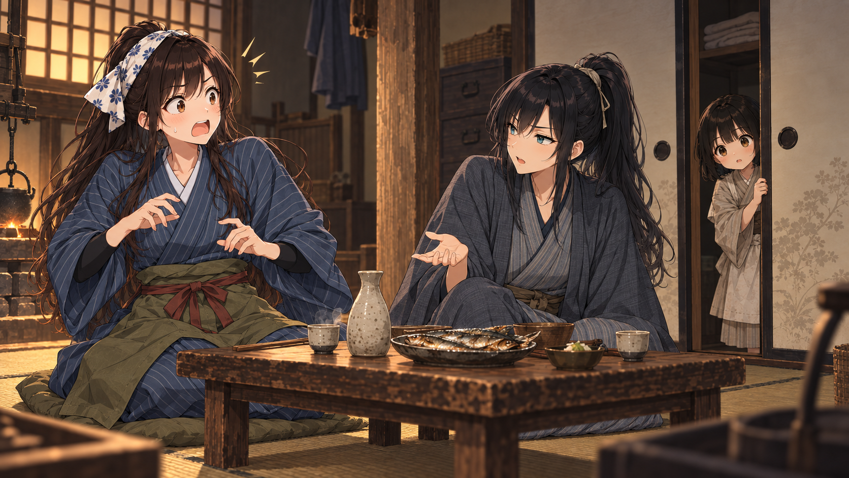 落語「青菜」で、女房に符牒を先に言われて植木屋が驚き、友人が尋ねる場面