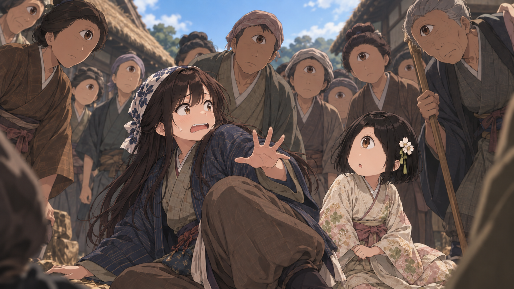 一つ目の村人たちに囲まれて驚く香具師の小春と一つ目の女の子・月乃