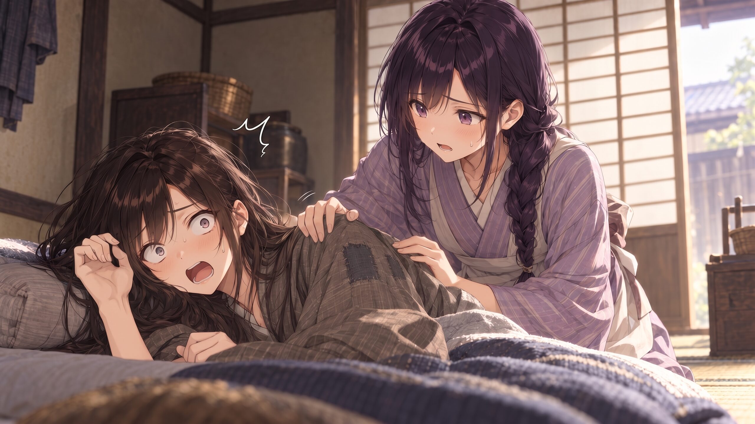 江戸の長屋で昼寝から目を覚ました喜八が驚いた表情を見せ、女房のお咲が心配そうに肩へ手を添えて声をかける場面。