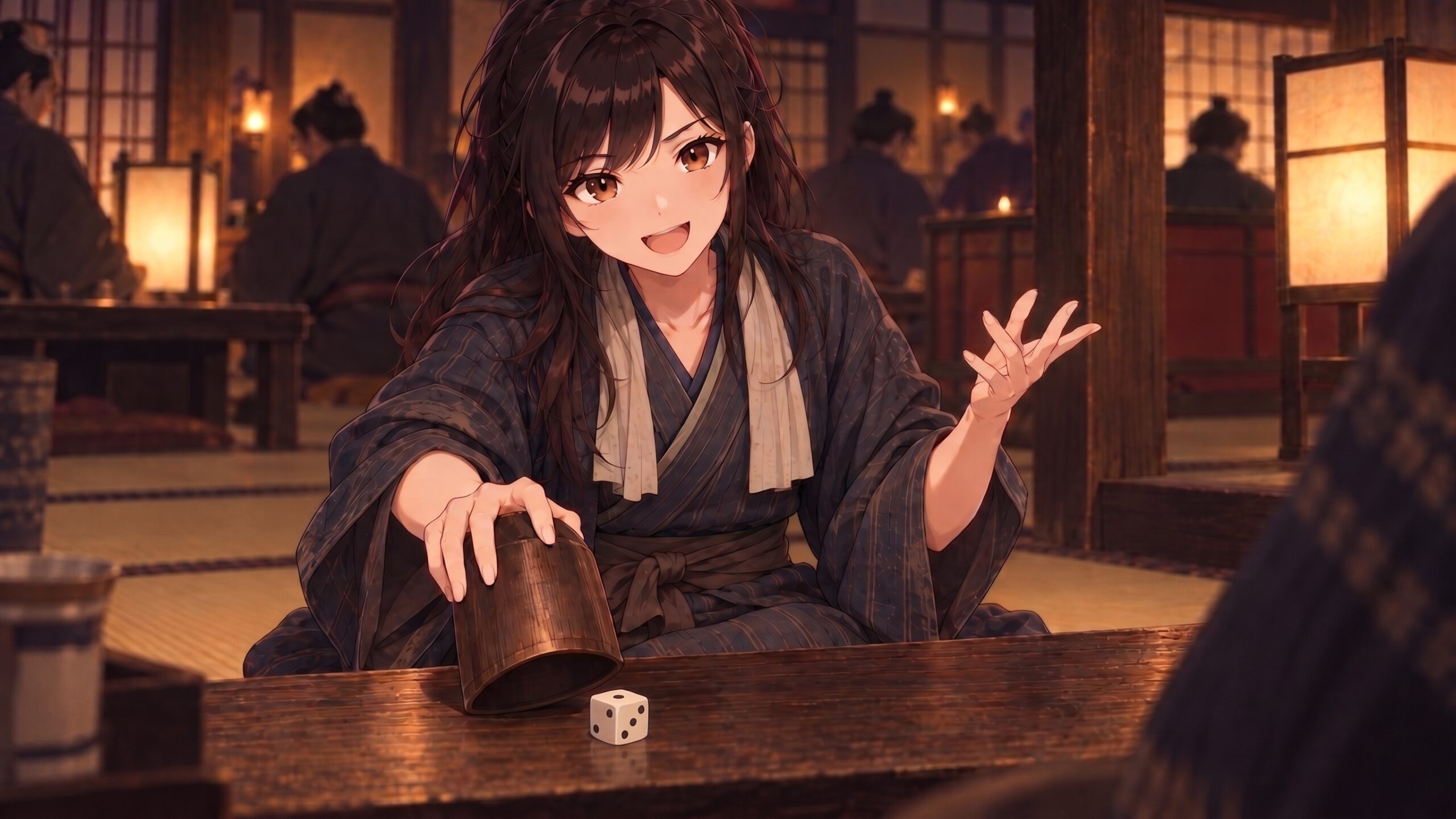 江戸時代の賭場で、留公が壺を伏せながら外に一の目のサイコロを見せ、親分のやり方を真似して勝負を始めようとしている場面。