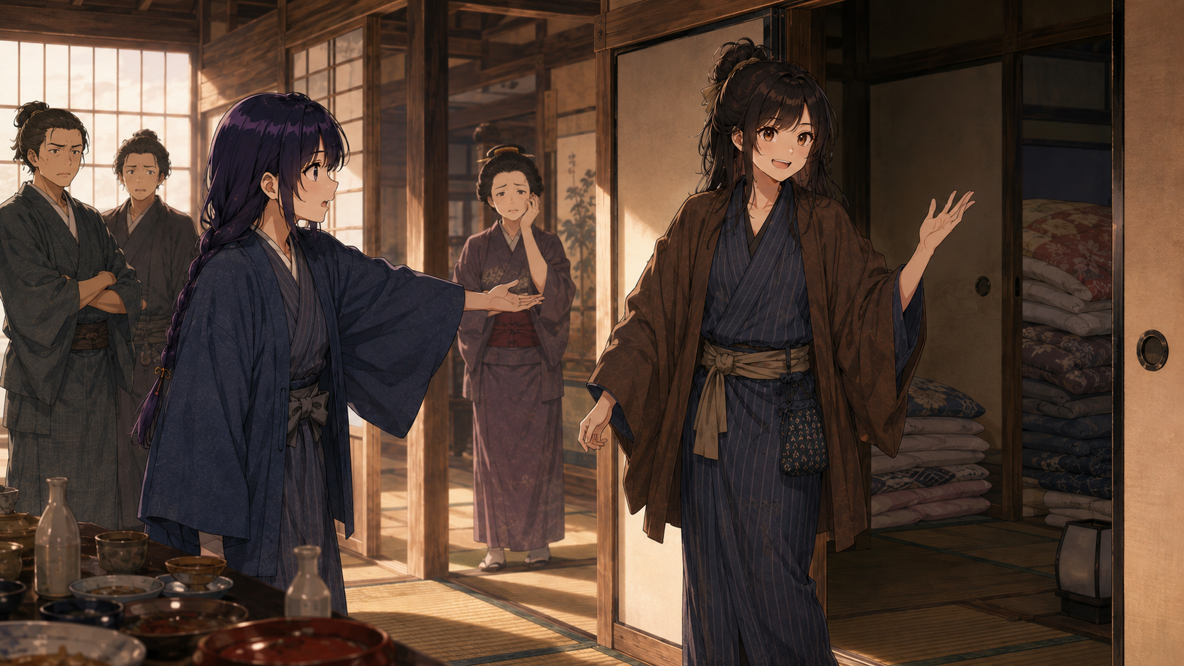 勘定を払えない佐平次が遊郭に居残ることになり、若い衆たちが困惑する中、平然と布団部屋へ向かう場面