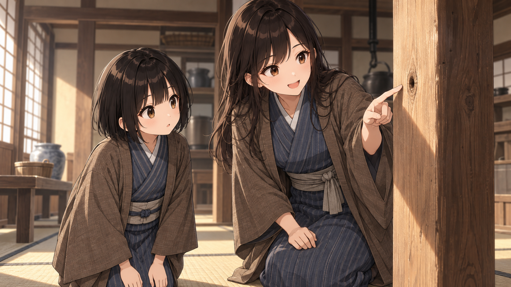 与太郎が佐兵衛おじさんと一緒に台所の柱を見つめ、節穴を指差して確認している場面。