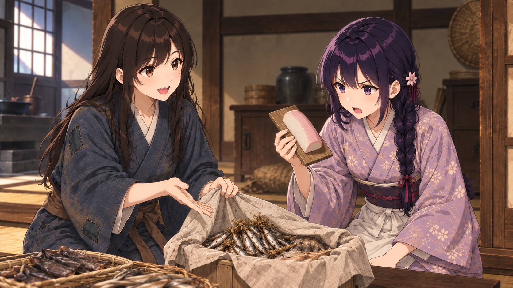 権助が持ち帰った魚の包みを広げ、おかみさんが板付きのかまぼこを手にして呆れた表情を見せる場面