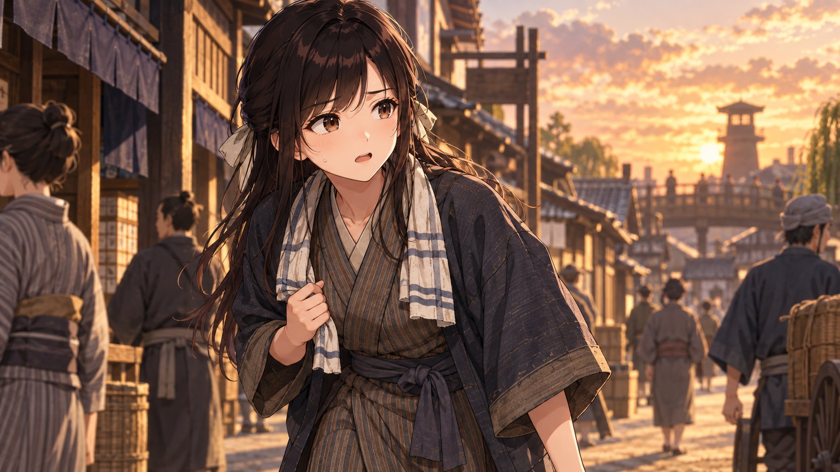 夕暮れの江戸の町を一日中歩き回り、探し人が見つからず疲れた様子の熊五郎。