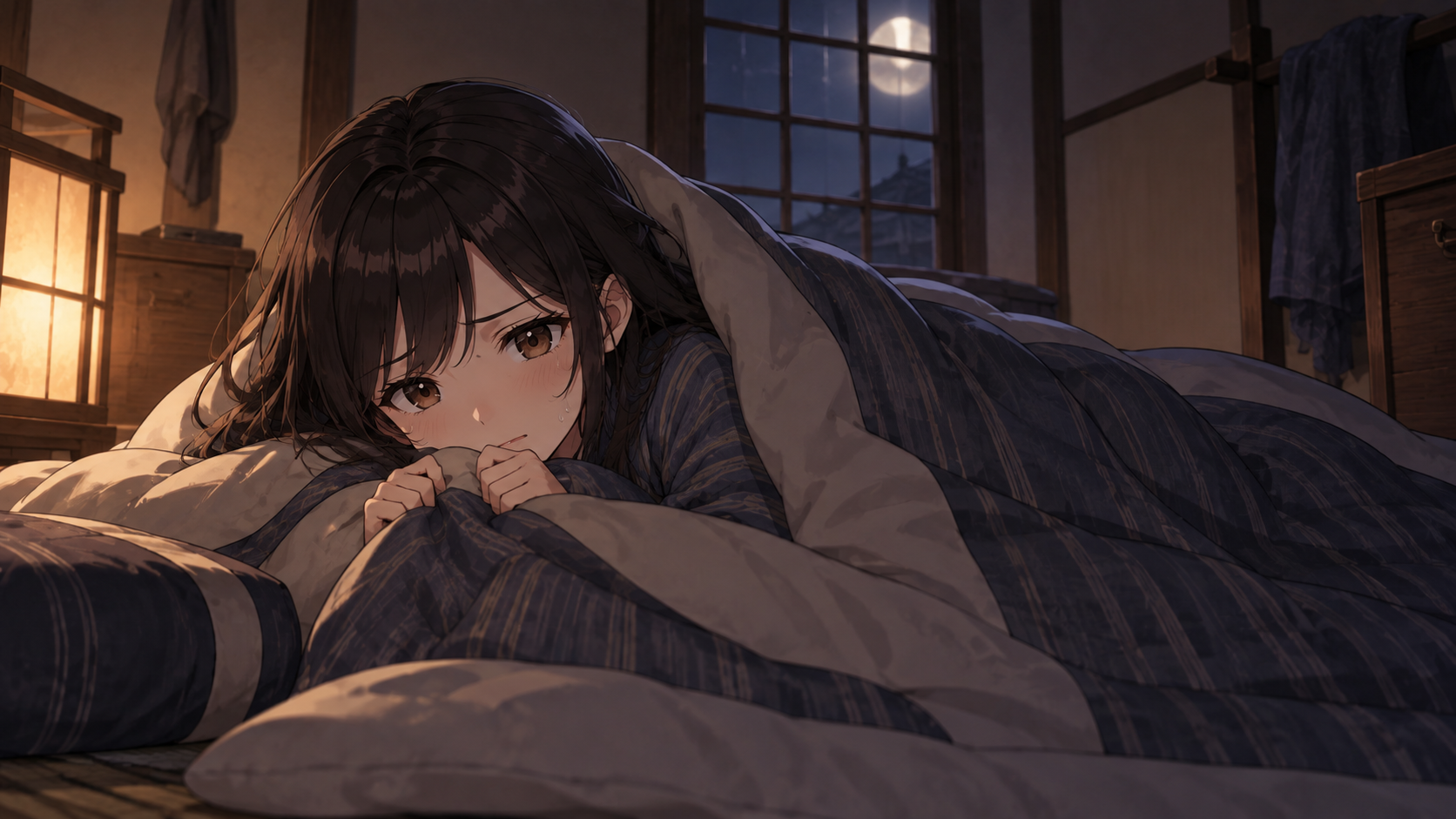 大旦那との鉢合わせを思い返し、店を追い出される不安から布団の中で眠れず震える治兵衛の場面