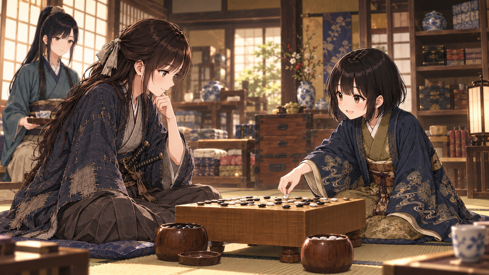 盤を囲む格之進と萬屋の主人