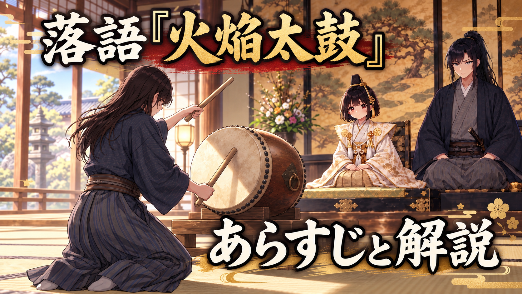 落語「火焔太鼓」のあらすじと解説を紹介するアイキャッチ。屋敷の座敷で甚兵衛が太鼓を叩き、殿様と家来が見守る場面。