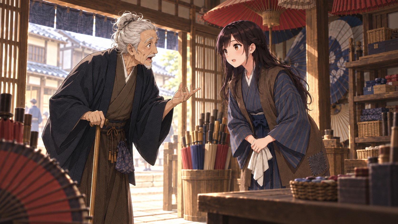 江戸時代の道具屋で、主人を訪ねてきた客が、与太郎に主人の行方を尋ねて驚く場面。