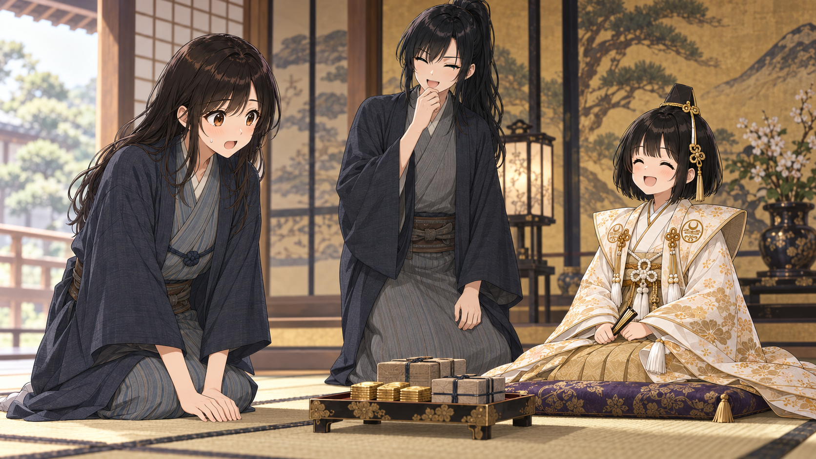 屋敷の座敷で、三百両の褒美を前に甚兵衛と家来が笑い、殿様も楽しそうに見守る場面