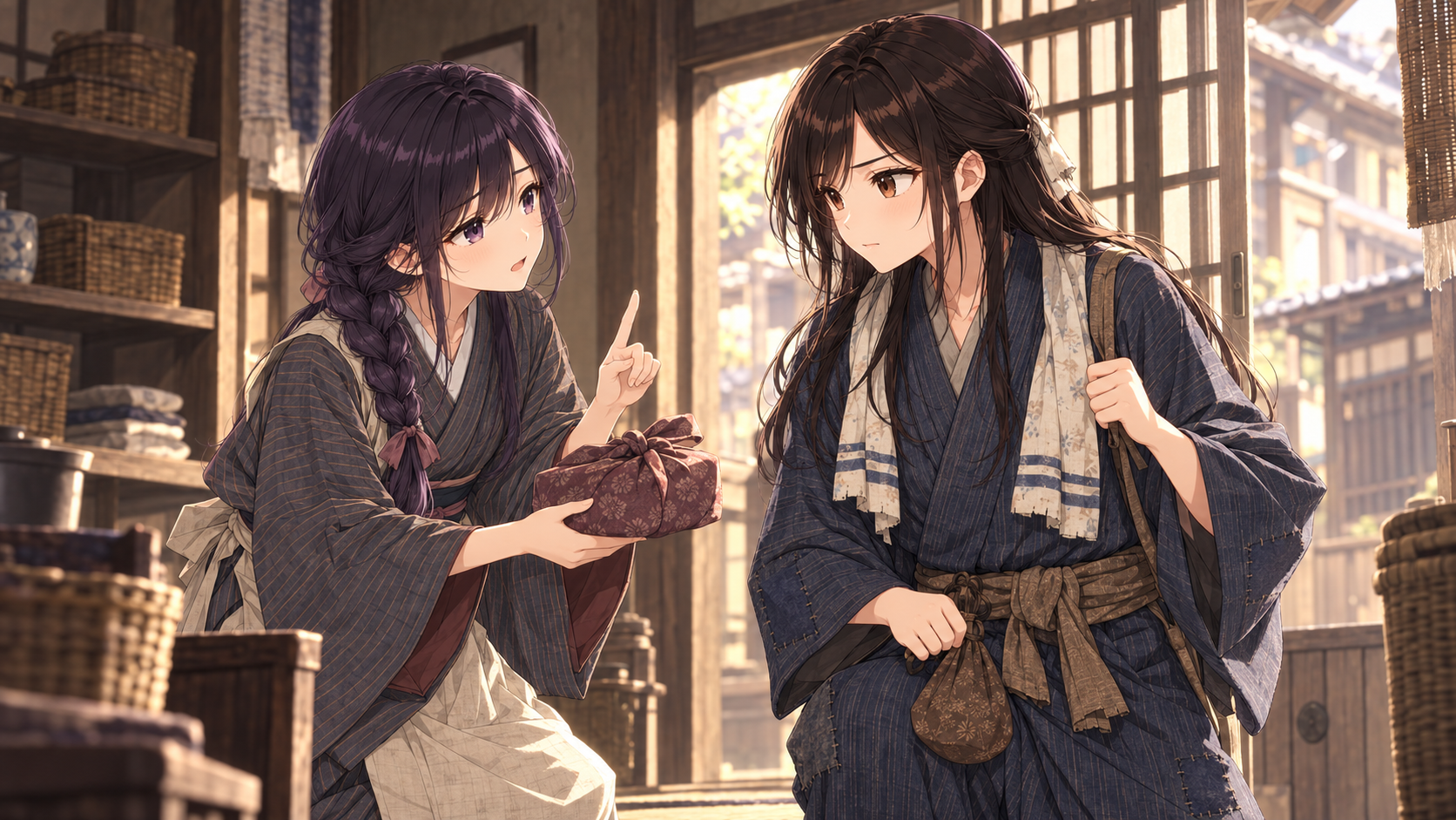 女房が風呂敷包みを渡しながら注意する場面を描いたアニメイラスト