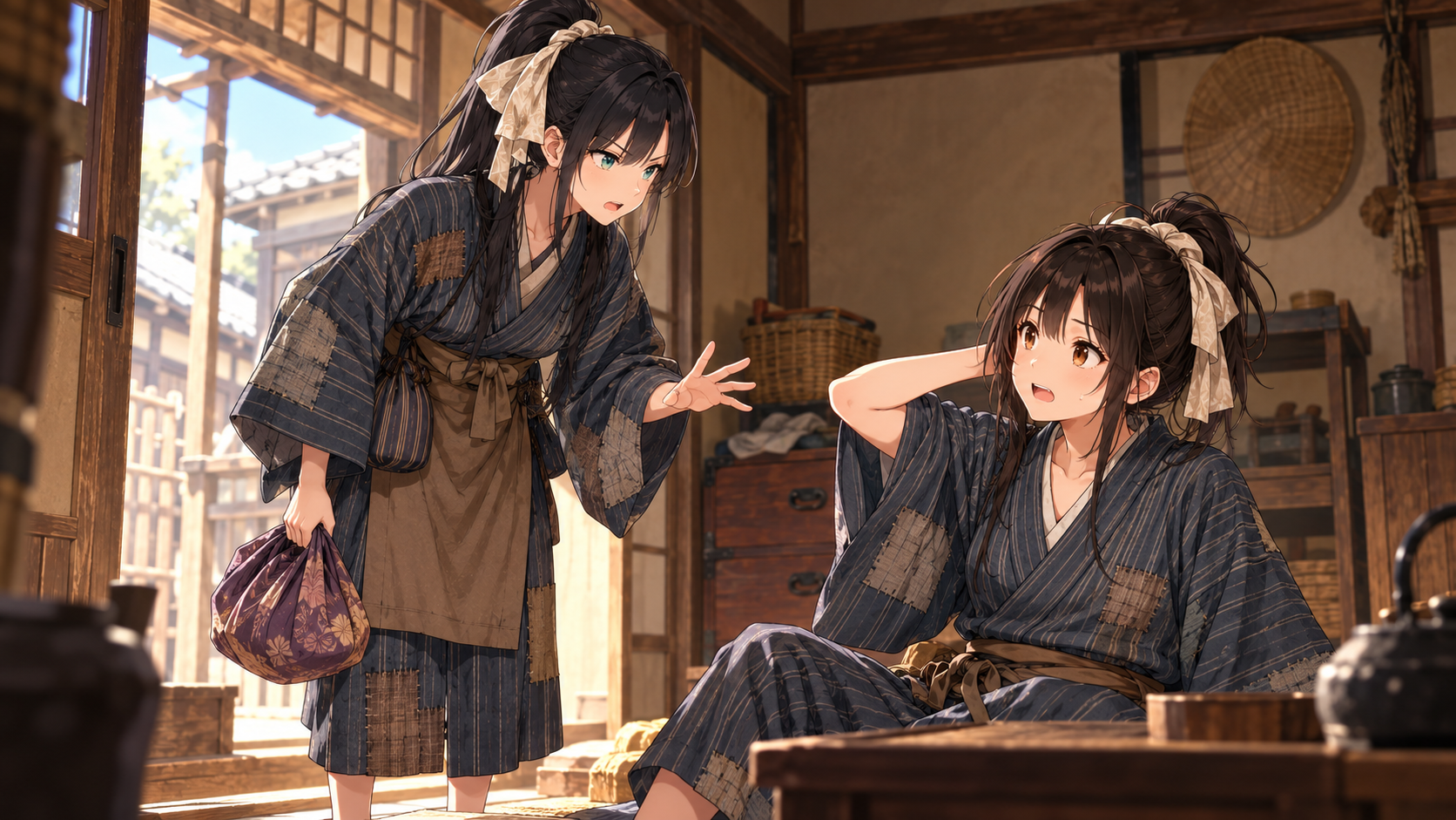 家主などから、殿様の前では失礼のないように話すことを教えられる八五郎