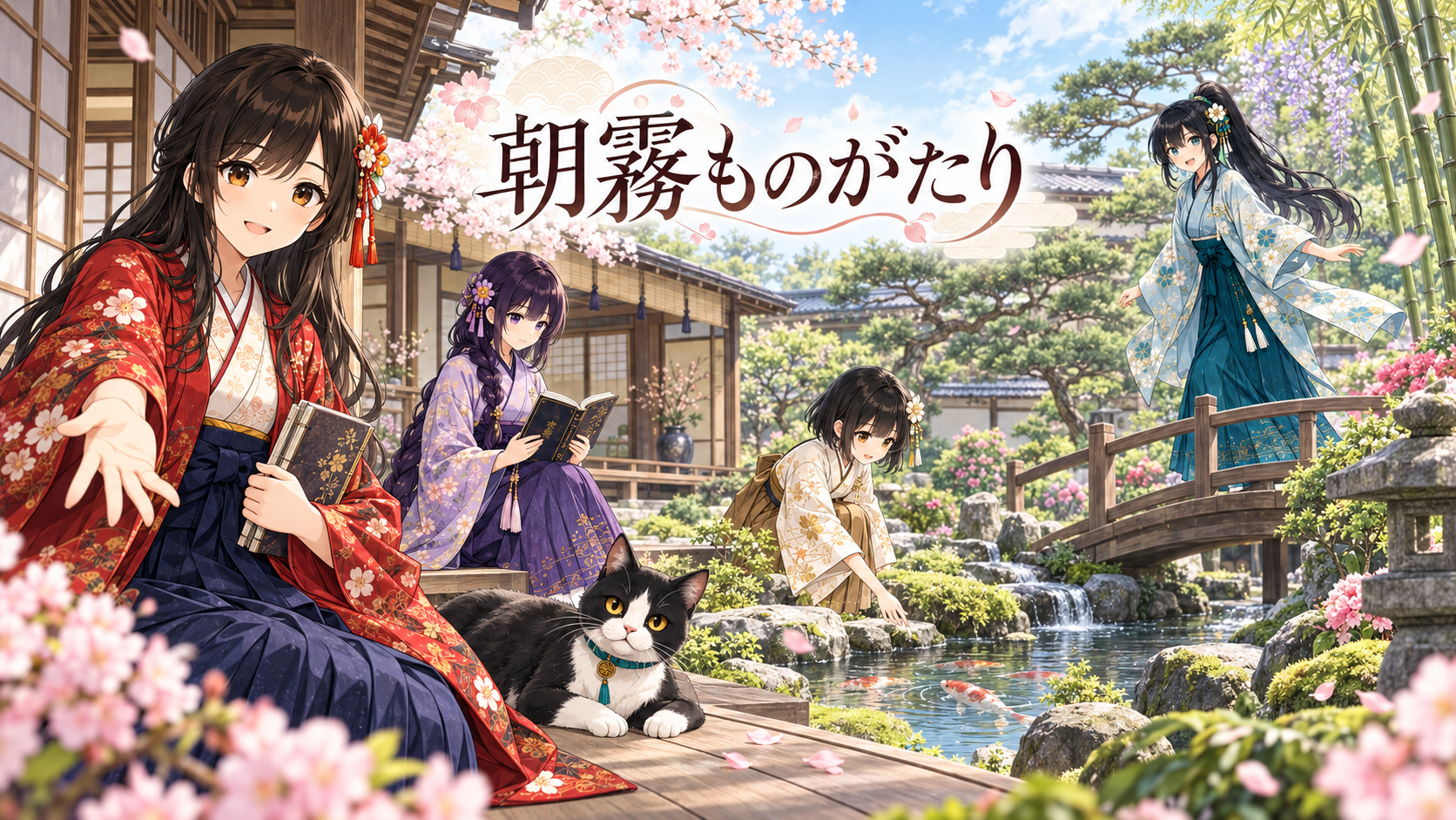 朝霧小春・夕凪・月乃・深山千早と猫のトコが朝霧家の日本庭園で過ごす「朝霧ものがたり」のトップページアイキャッチ画像