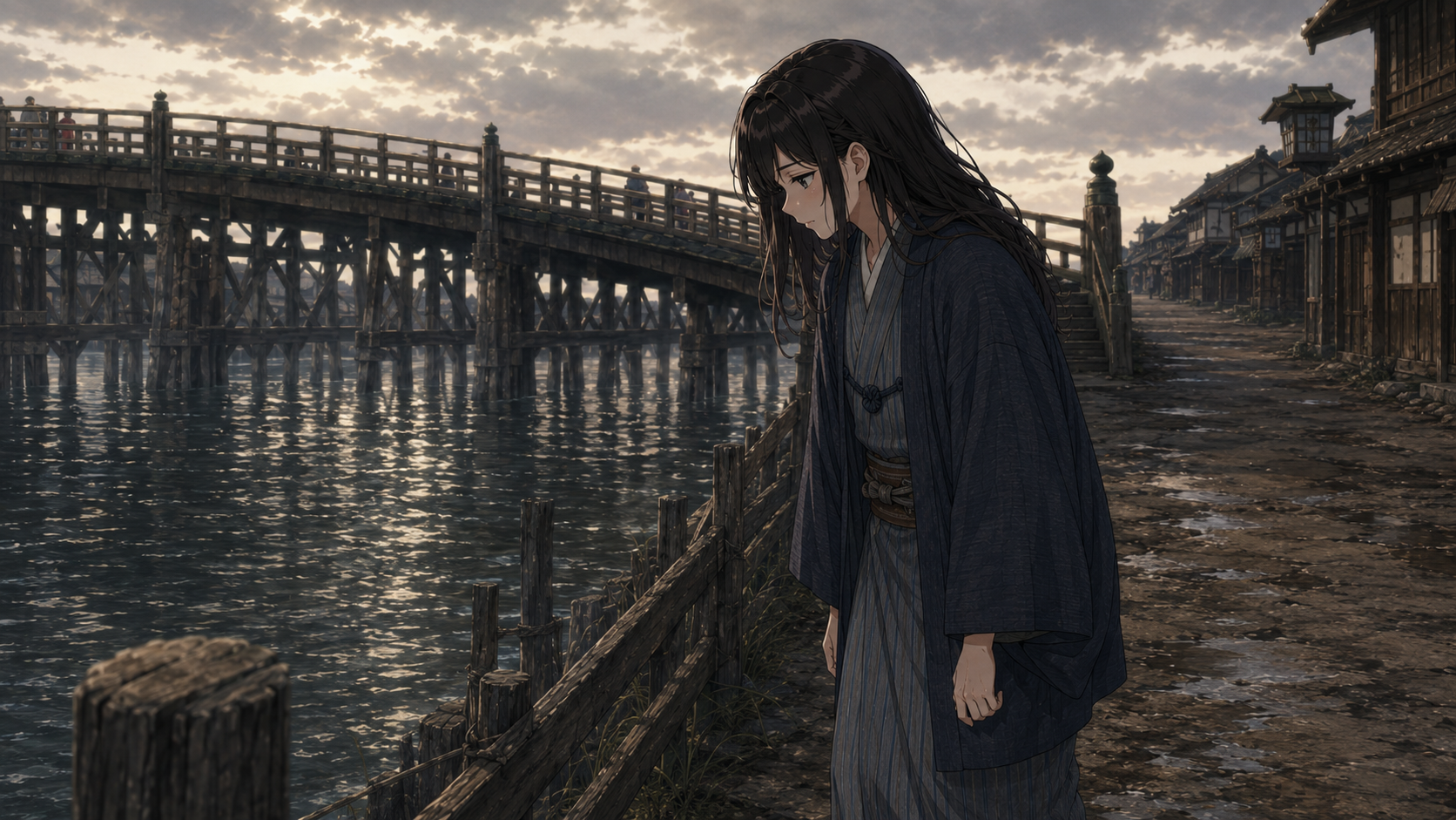 川沿いの道でうつむく着物姿の徳さんと大きな木造の橋のイラスト