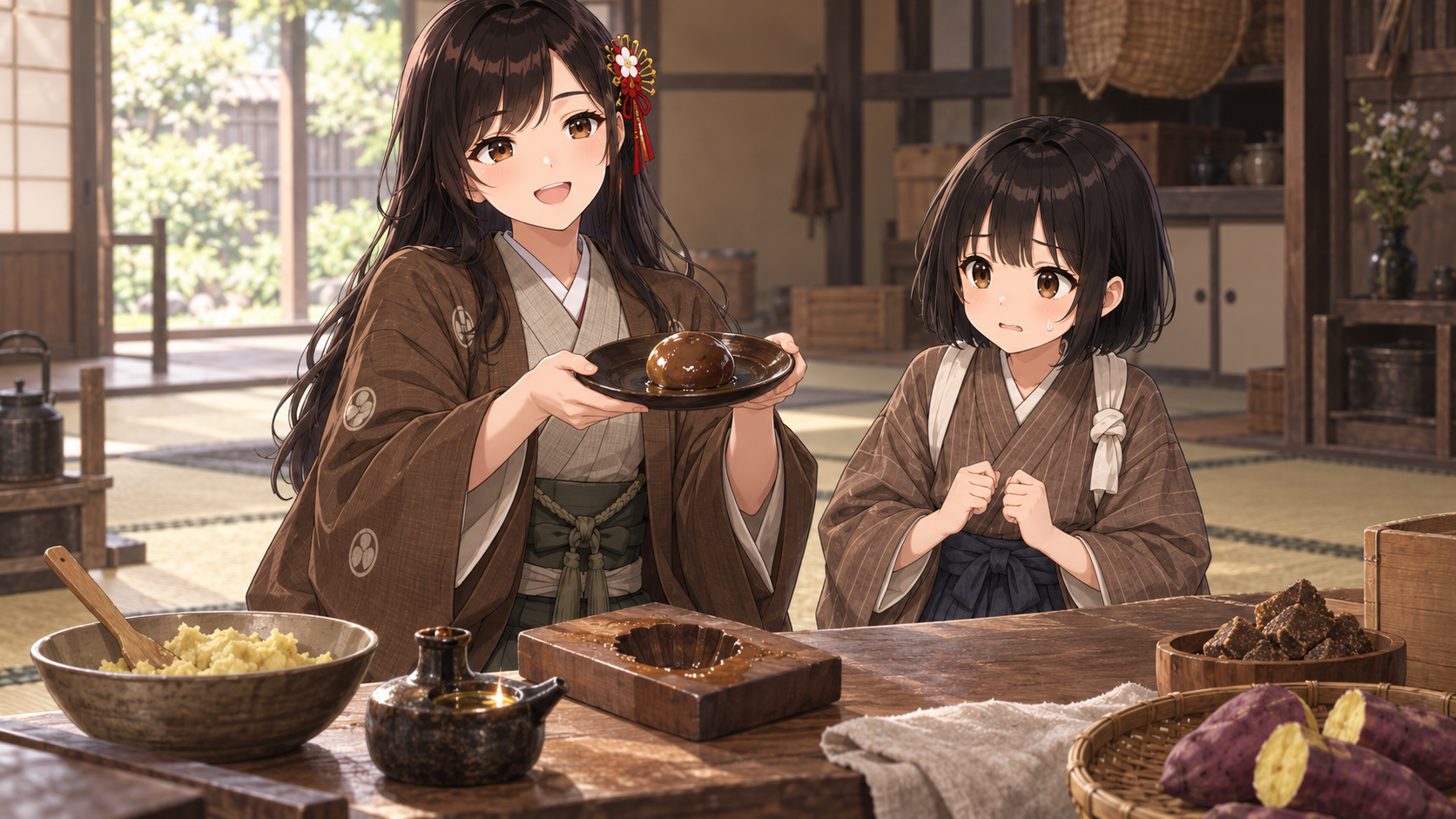 油を塗った型から抜いた丸い菓子を得意げに見せる隠居と、不安そうに見つめる定吉