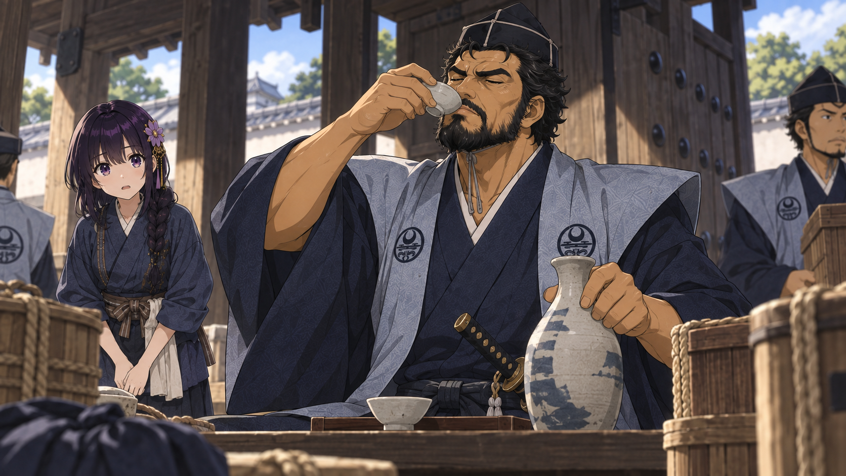禁酒番屋の門前で、役人が酒を湯飲みで味見し、若い者が心配そうに見守る場面