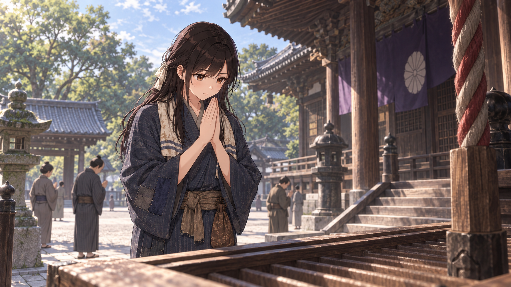 堀之内妙法寺の境内で、朝霧小春が手を合わせて参拝する場面。江戸時代の庶民らしい紺色の着物姿。