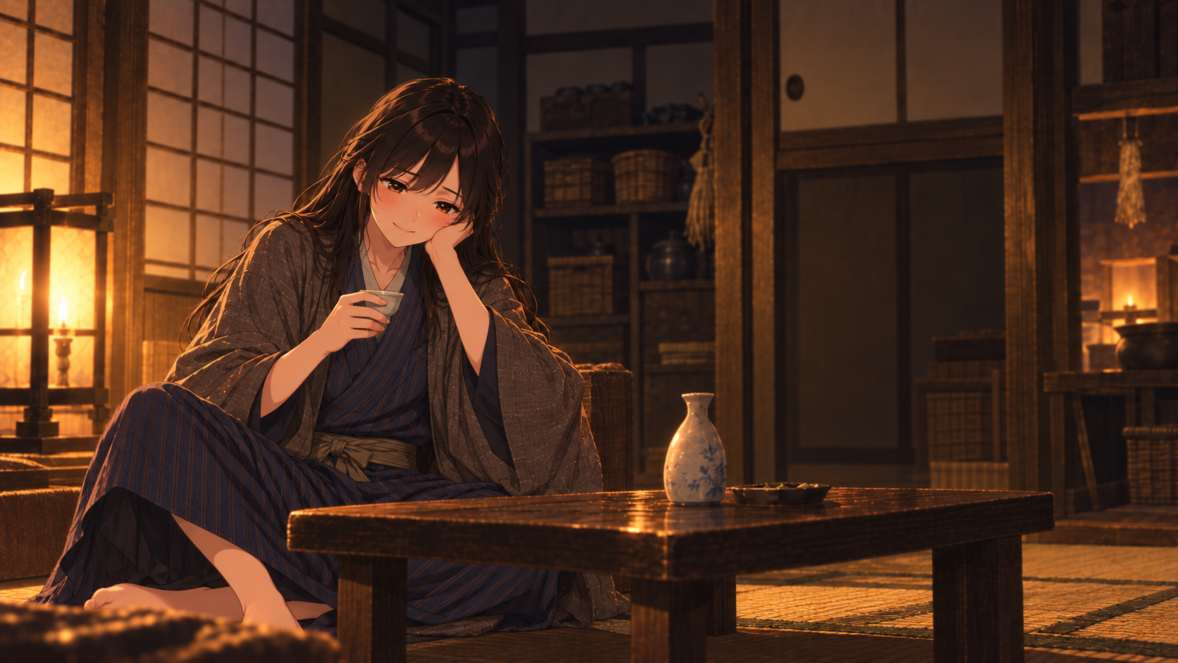 女房がいなくなったと思い、盃を手にしながら一人で本音をこぼす亭主の長屋の夜の場面