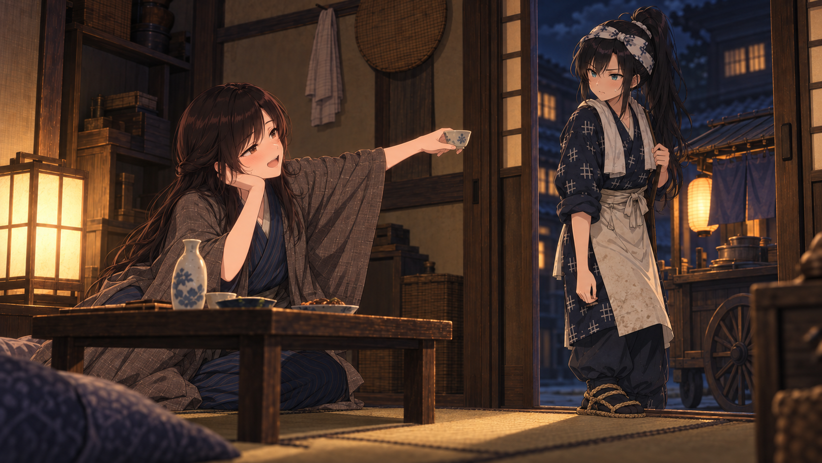 酒を勧めてうどん屋を引き止める亭主と、困った表情で戸口に立つ夜鳴きのうどん屋の場面