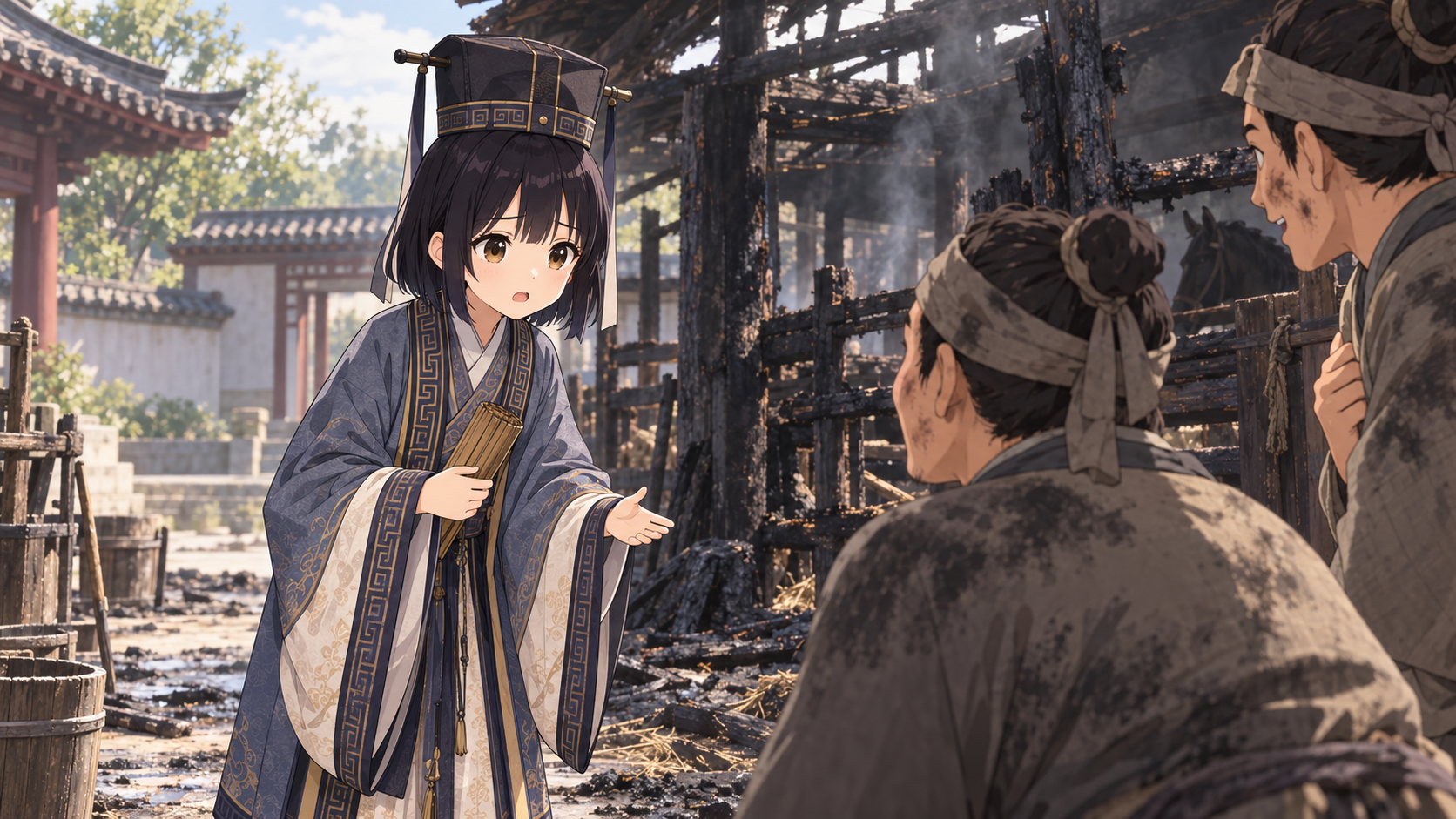 火事で焼けた厩の前で、人にけががなかったか尋ねる孔子
