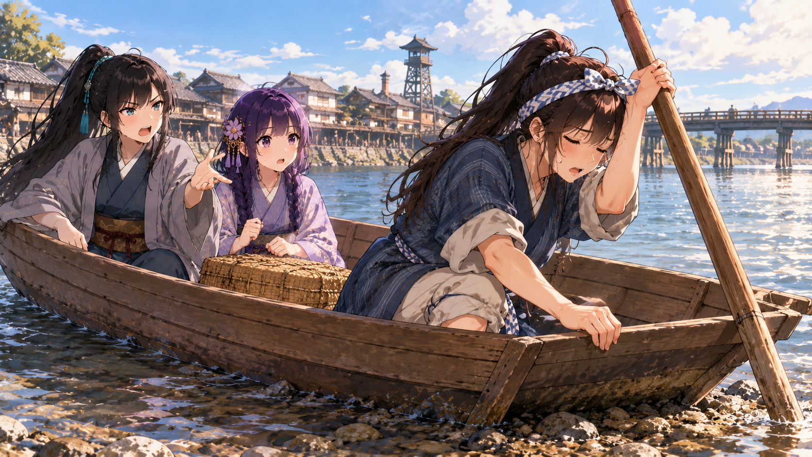 浅瀬に乗り上げてしまう舟