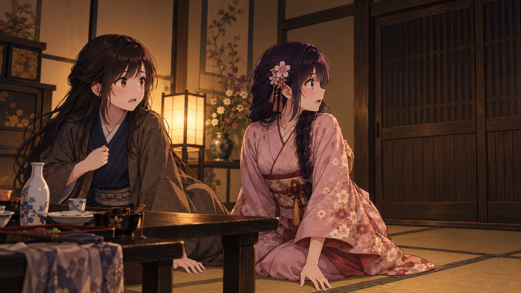 夜の座敷で、表の戸をたたく音に驚いて振り返る新吉とおかみさん