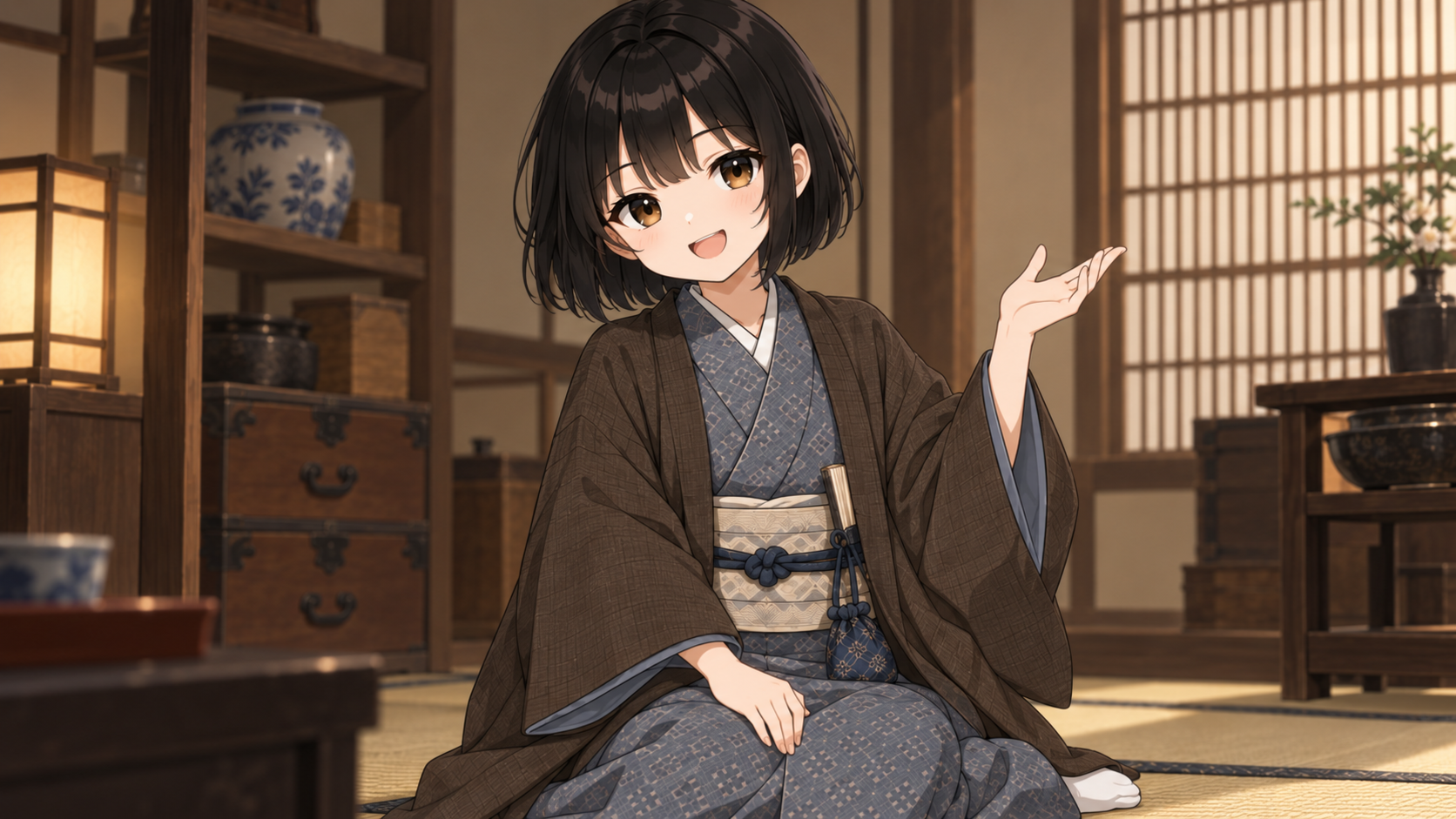 商家の座敷で、おかみさんと新吉を前に笑いながら話す旦那