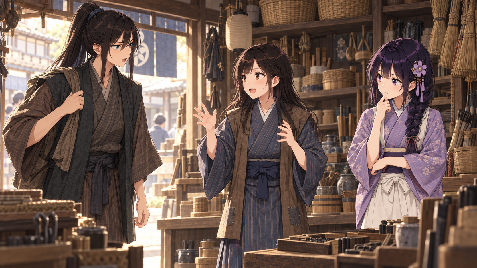江戸時代の道具屋で、戻ってきた主人に対し、与太郎とおかみさんが、上方から来た使いの早口について説明する「金明竹」の一場面。