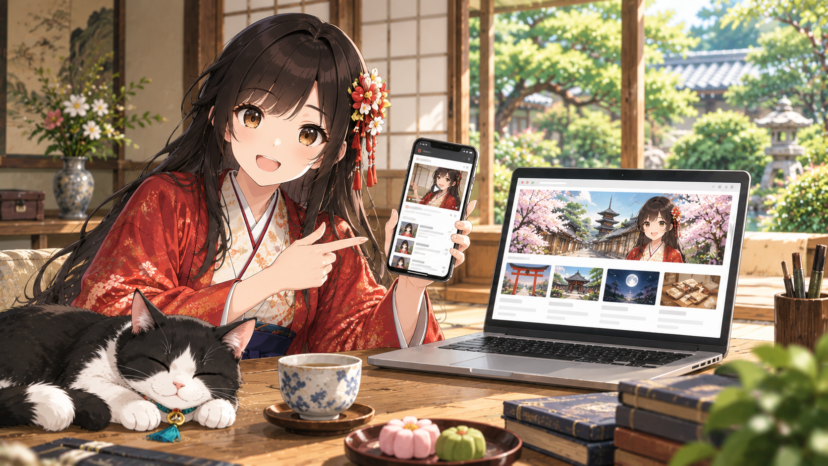 朝霧小春が動画と記事を通して日本の物語を案内する朝霧ものがたりの利用イメージ