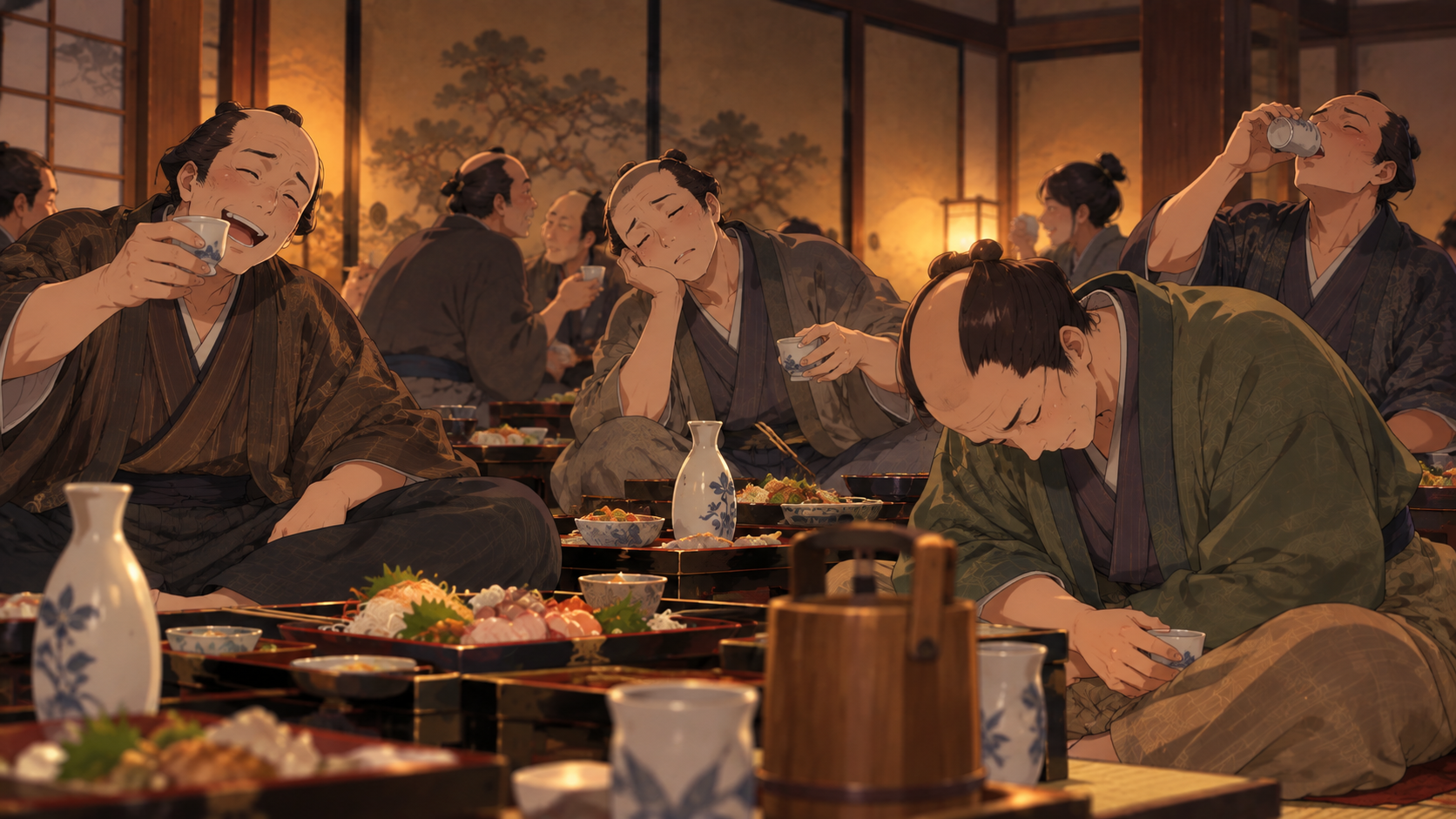 酒を飲み眠り込んでしまう店子と奉公人