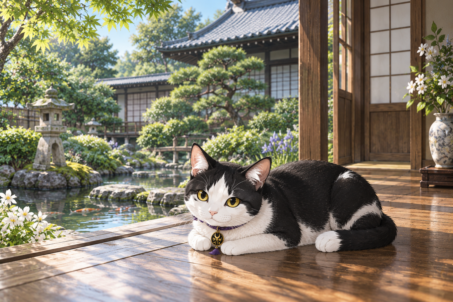 朝霧家で暮らす黒白の猫 トコが縁側や庭先でくつろぐ紹介画像