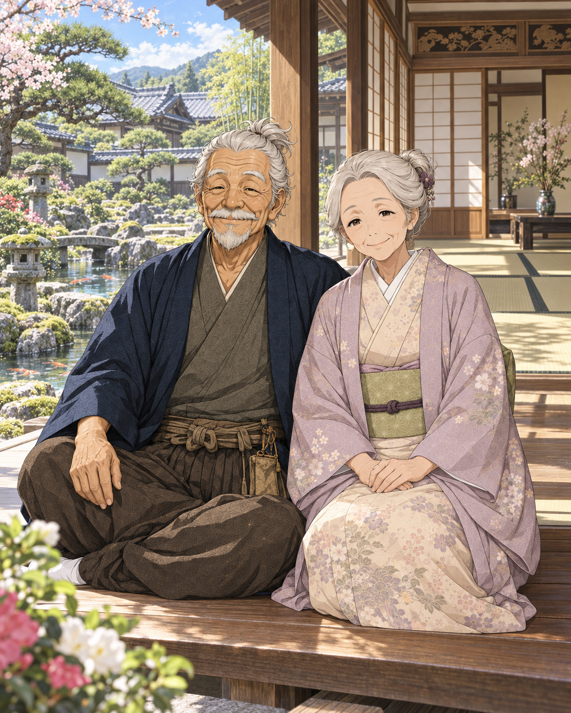 朝霧家の祖父 和史郎と祖母 千代が和風屋敷で穏やかに過ごす人物紹介画像