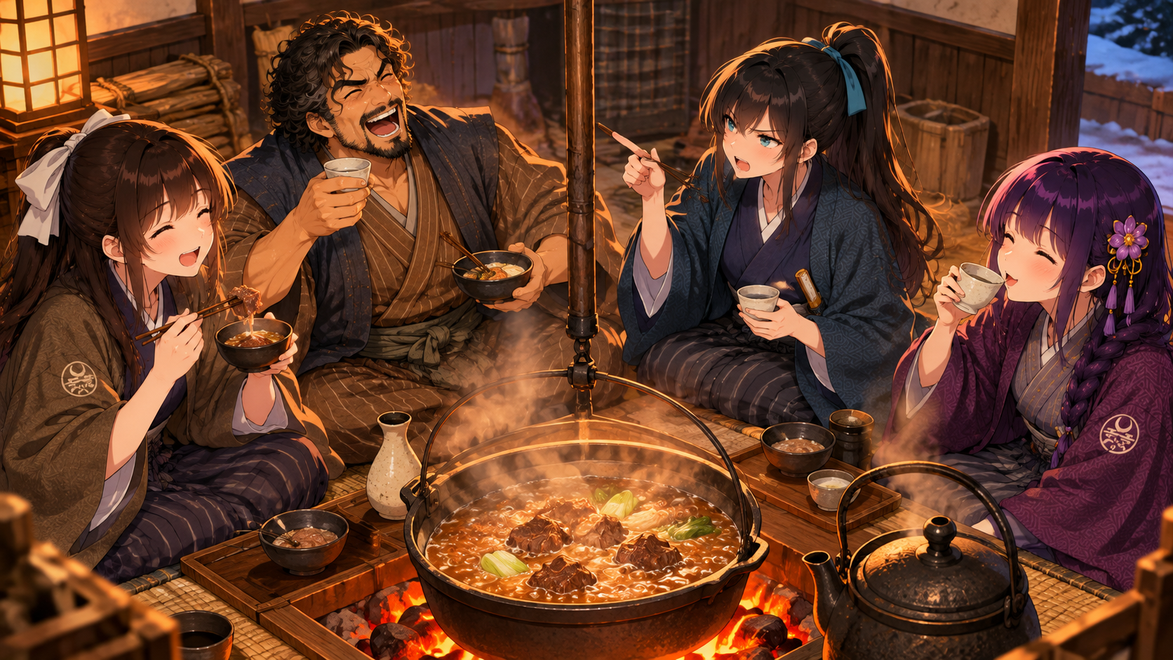 番小屋の中で熱い酒と猪鍋を囲む旦那衆