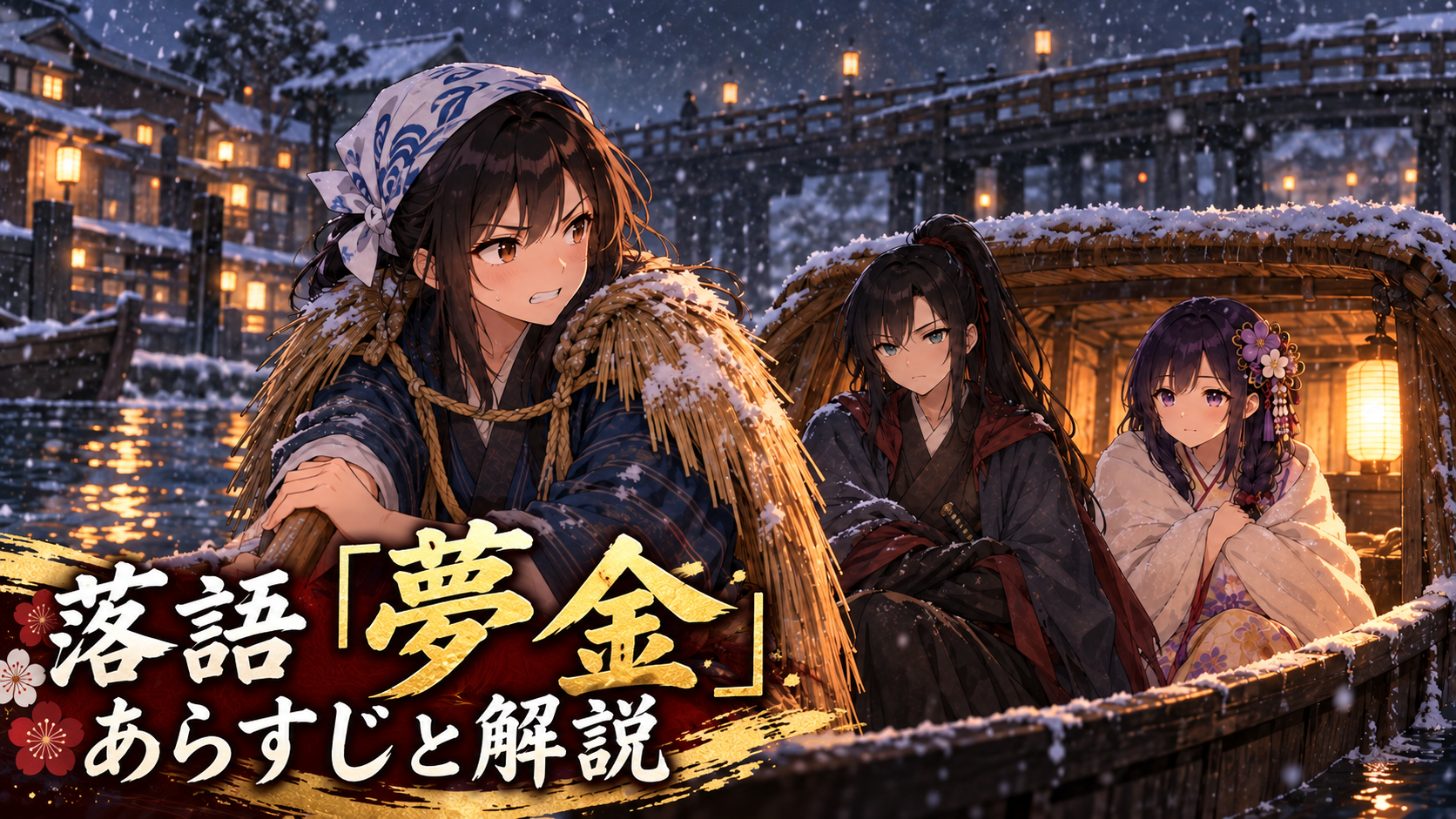 熊五郎、浪人風の男、若い娘が乗る雪夜の舟の場面｜落語「夢金」あらすじと解説