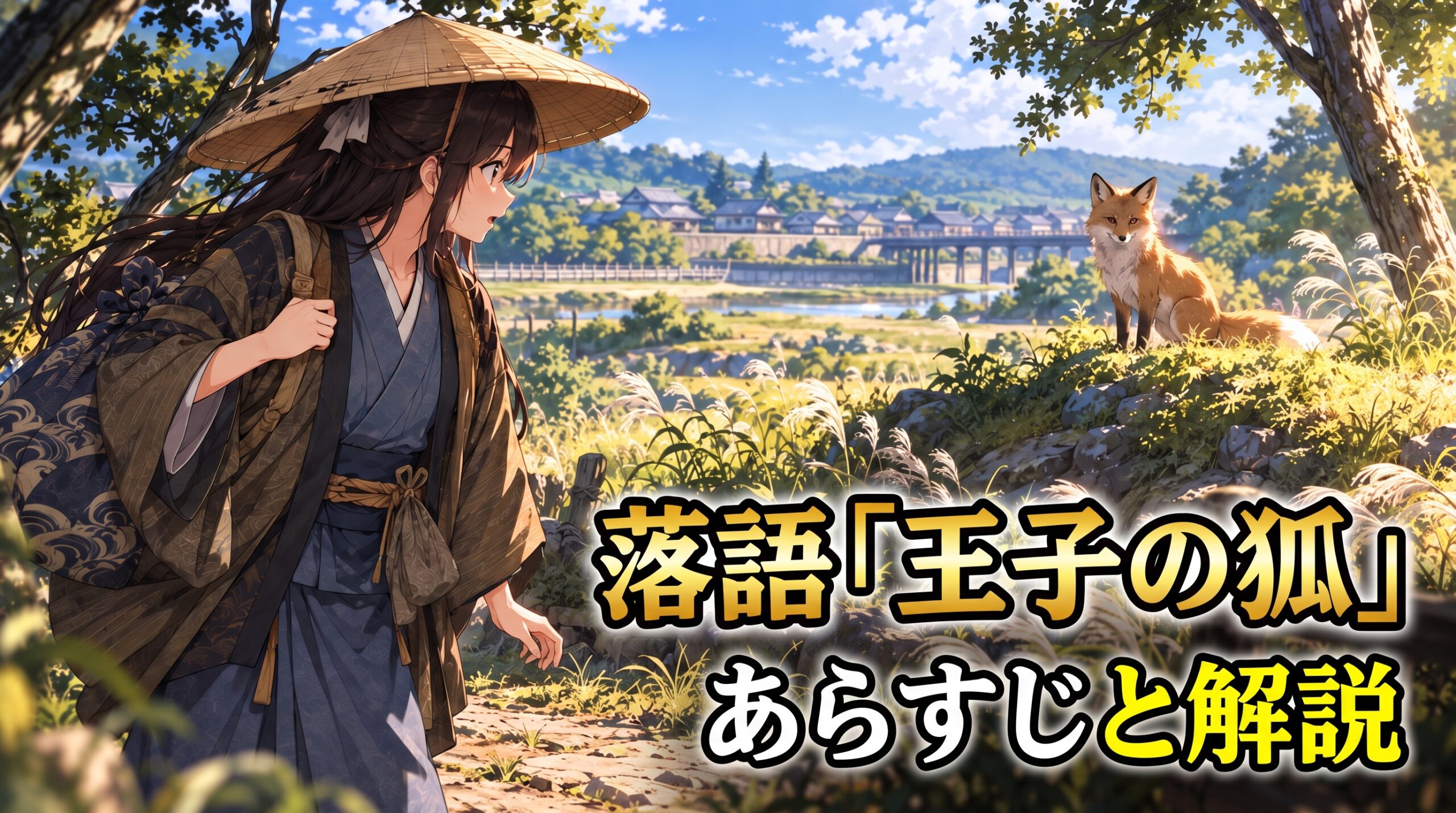 旅姿の男と狐が見つめ合う風景イラスト。『落語「王子の狐」あらすじと解説』の文字タイトル。